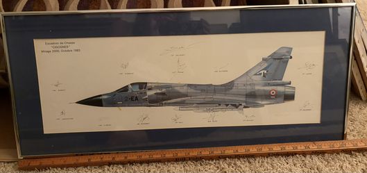 Framed Signed Mirage 2000 Print "Escadron de Chasse CIGOGNES" Oct 1983
