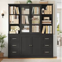 74.4''Hx63''W Large Pantry Cabinet for Food Storage, Kitchen Hutch Cabinet with Storage, Glass Doors Tall Wine Bar Cabinet, Large Bookcase with Drawer