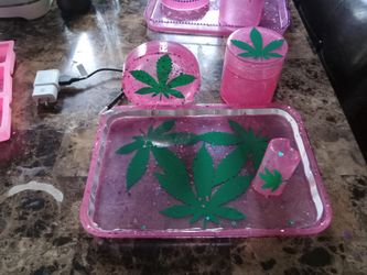 Rolling Tray Set,  Pink& Green, With LED Lights. 