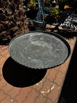 Middle Eastern Vintage Large Metal Tray Table Scalloped Edge Etched Hookah Tea Coffee Table