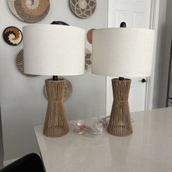 Brand New 2 Boho Rattan Woven Table Lamps 22.5”