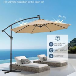 10ft Offset Patio Umbrella, Large Cantilever Umbrella Outdoor Patio with Solar Lights, Dual Charging