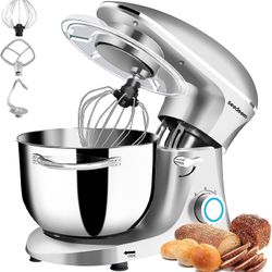 Stand Mixer, 6Qt Electric Food Mixer, 660W 6-Speeds Electric Kitchen Mixer with Dishwasher-Safe Dough Hook, Wire Whip & Beater for Daily Use, Silver