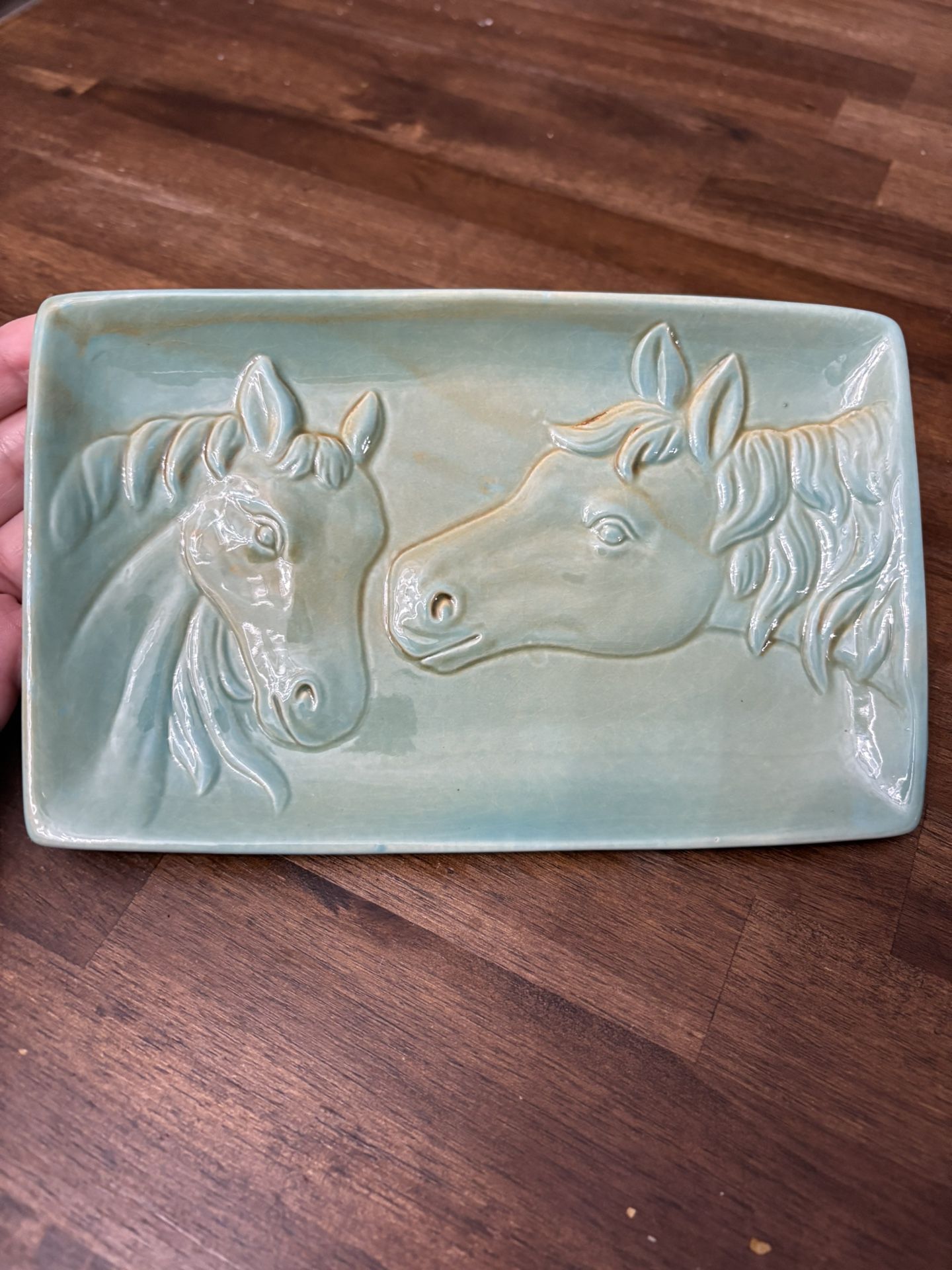 Cracker Barrel Sweet Horses Plate Tray in green stoneware pottery