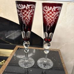Ruby Red Cut To Clear Crystal Bohemian Czech Champagne Flute VTG