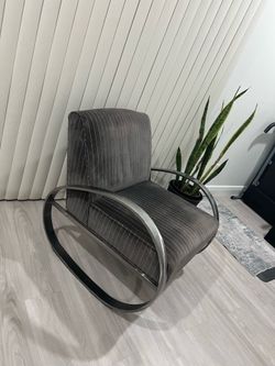 Modern Art Deco Gray Velvet Accent Lounge Rocking Chair with Brushed Metal Loop Frame