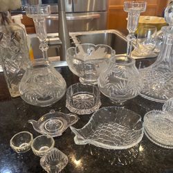 Vintage Pressed Glass & Crystal Decor Lot – Bowls, Decanters, Candle Holders