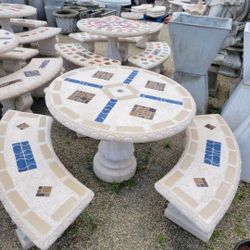 Concrete Mosaic Picnic Table with 3 Benches/ Outdoor Patio Furniture