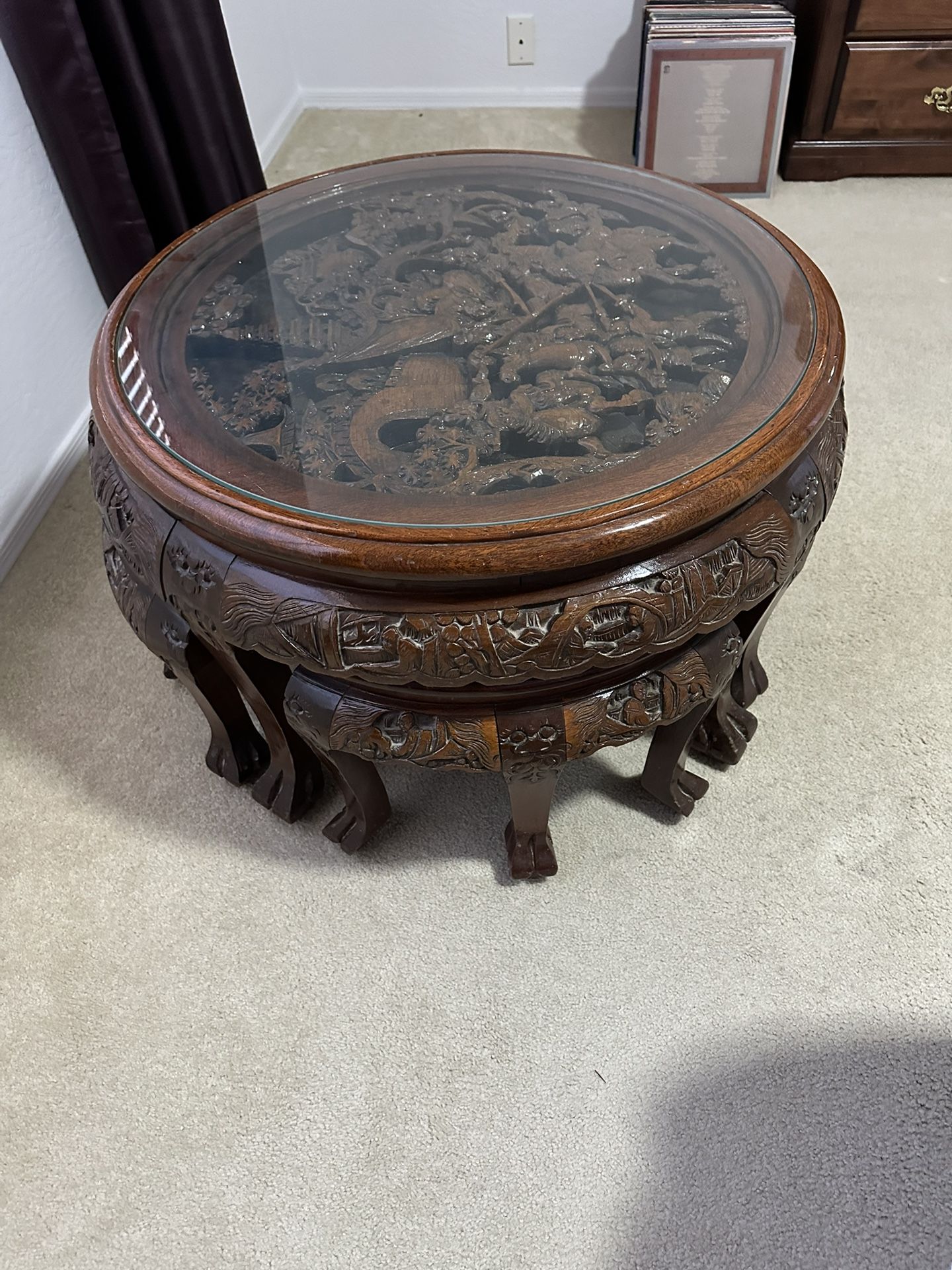 Oriental Carved Tea Table With 4 Stools