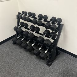 (New In Box) 5-50lb Rubber Hex Dumbbells With 3 Tier Dumbbell Rack Weights - Click On Out Profile For More Gym Equipment 