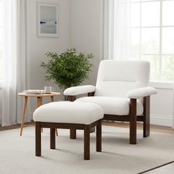 Eira Upholstered Lounge Chair and Ottoman Set, White & Walnut