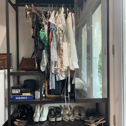 Modern Open Wardrobe Rack with Shelves — Dark Wood & Metal Frame