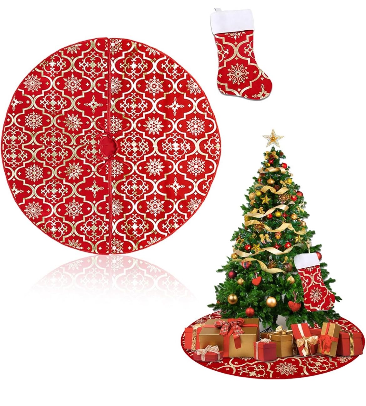 Brand New Large Christmas Tree Skirt Deco48Inches with11*17Inch Christmas Stocking Set Shiny Gold Print Decorations,Christmas Tree Mat Kit