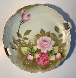 Lefton China Hand Painted Double Handled Light Green Cake Plate Ornate Pink Rose