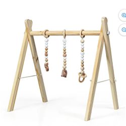 Costway Foldable Wooden Baby Gym with 3 Wooden Teething Toys Hanging Bar Natural