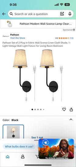Pathson Set of 2 Plug in Fabric Wall Sconce Linen Cloth Shade, 1-Light Vintage Wall Light Fixture for Living Room Bedroom