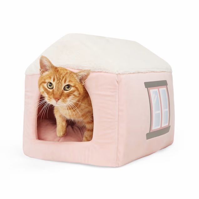 EveryYay Pink House Convertible Hooded Cat Bed, 16" L X 14" W X 14" H