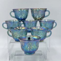 Set Of 8 VTG Indiana Blue Iridescent Carnival Glass Harvest Grape Punch Cups
