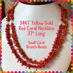 14K Yellow Gold Branch Coral Beads Necklace 37” Long