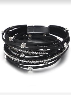 1Pc Strap Round Buckle Design Rhinestone-Studded Multi-Layer Leather Cord Bracelet