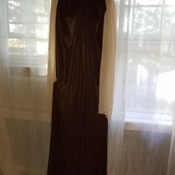 David's bridal dark brown gown with tan wrap