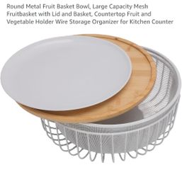 Round Metal Mesh Fruit Basket with Bamboo Lid