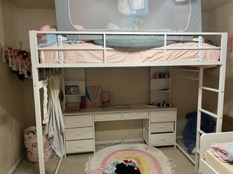 Full Size White Loft Bed with Desk & Shelves
