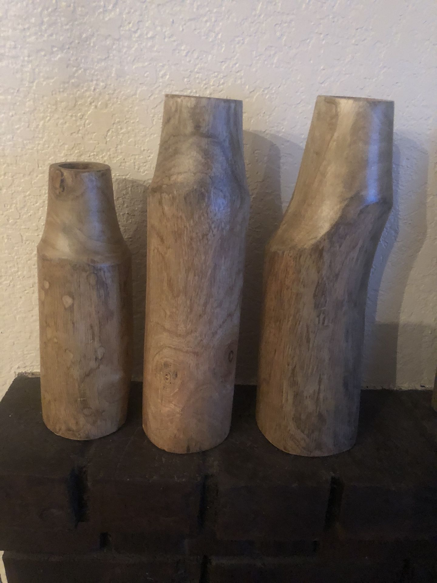 3 wood vases