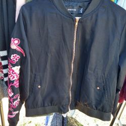 Mink pink Jacket, Satin Black W/Pink Floral Embroidery, Pockets, Zipper