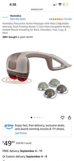 New - Homedics Percussion Action Massager with Heat | Adjustable Intensity, Dual Pivoting Heads | 2 Sets Interchangeable Nodes, Heated Muscle Kneading