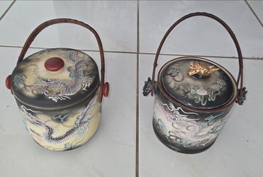 Vintage Japanese moriage raised‑dragon lidded coffee pot. Embossed dragon and cloud motifs, gradient smoky finish, red‑trimmed rim. Measures 10 inches