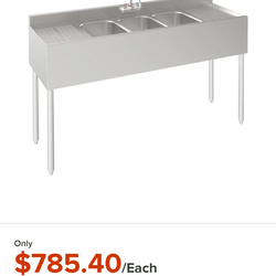Krowne Silver Series 18-53C 3 Bowl Underbar Sink with Faucet with 2 Drainboards - 60" x 18 1/2"
