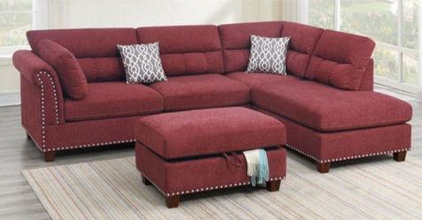 Brand new 107" x 76" pabrika red/slate/tan studded velvet sectional + storage ottoman