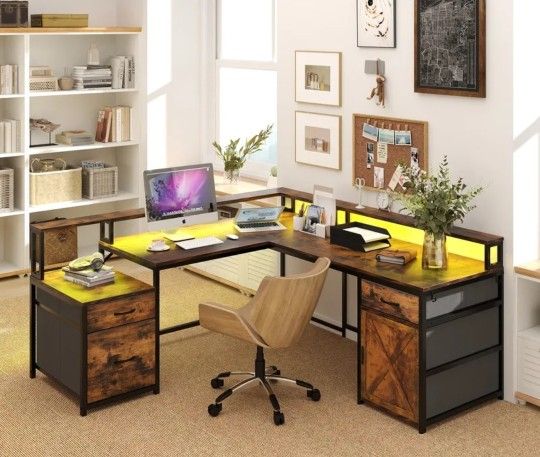 🔥🔥2-in-1 L Shaped or Straight LED Desk with tons of features *Brand New*