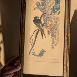 Gesso Yoshimoto Woodblock Print "Swallows On Wisteria"