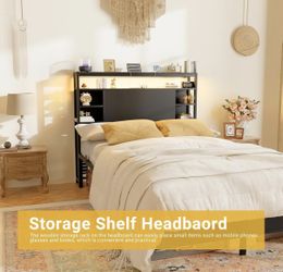 New black Twin Headboard with Storage, Headboards with Power Outlet and Smart LED Lights