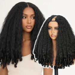 V Part Afro Curly Synthetic Wig Wear & Go Glueless 180% Density Black 24"