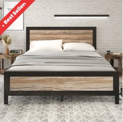 Metal Bed Frame with Rivet Wooden Headboard & Footboard - Queen - Wooden Brown