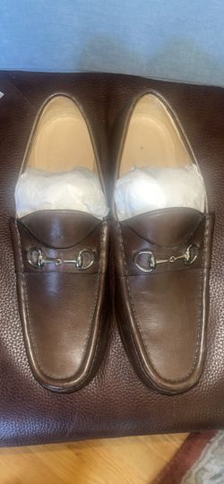 Gucci Men’s 7C Brown Leather Horsebit Logo Slip-On Almond Toe Dress Loafers