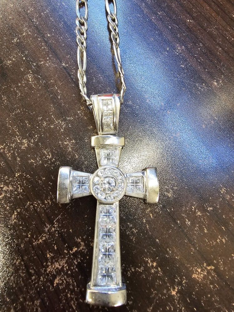 Sterling Silver Chain And Cross With Zirconium Stones