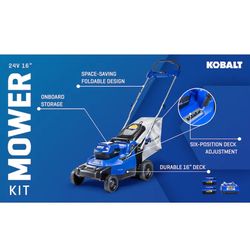 New Kobalt Lawn Mower 24 Volt 16 inch Push Mower with (2) 4 ah batteries included
