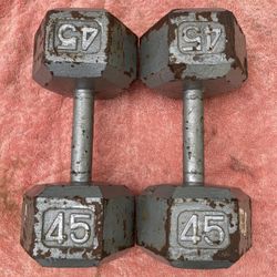Pair Of 45 Lb Steel Hex Dumbbells - 90 Lbs Total