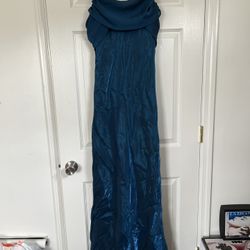 Metallic Shine Blue Spaghetti Strap Flowing Dress/Gown