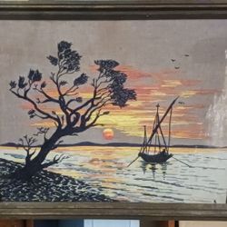 Vintage Embroidered Ocean Sunset Scene Framed
