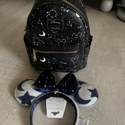 Loungefly Disney Mickey Constellation AOP Glow in the Dark Mini Backpack & Ears
