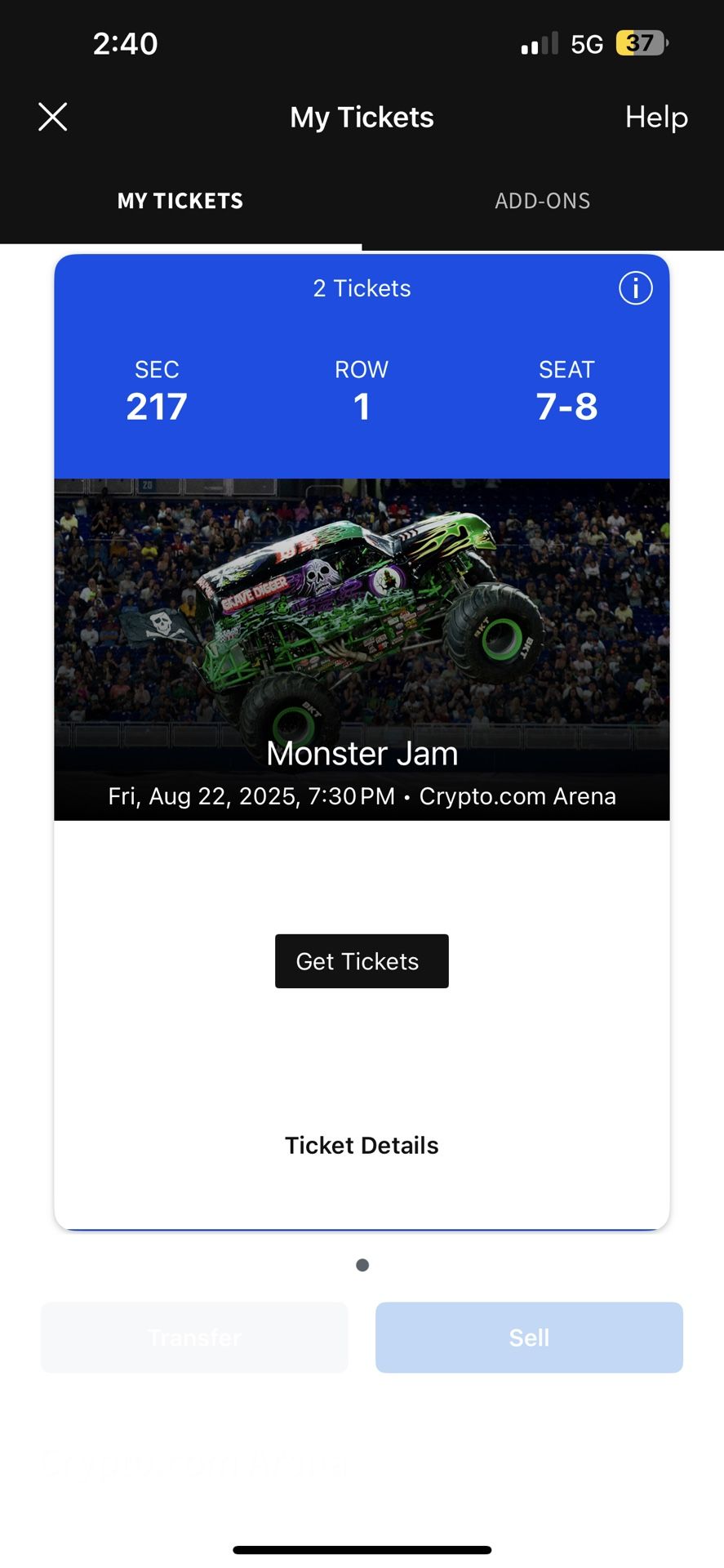 Selling 2 Tickets For Monster Jam Other - Sports