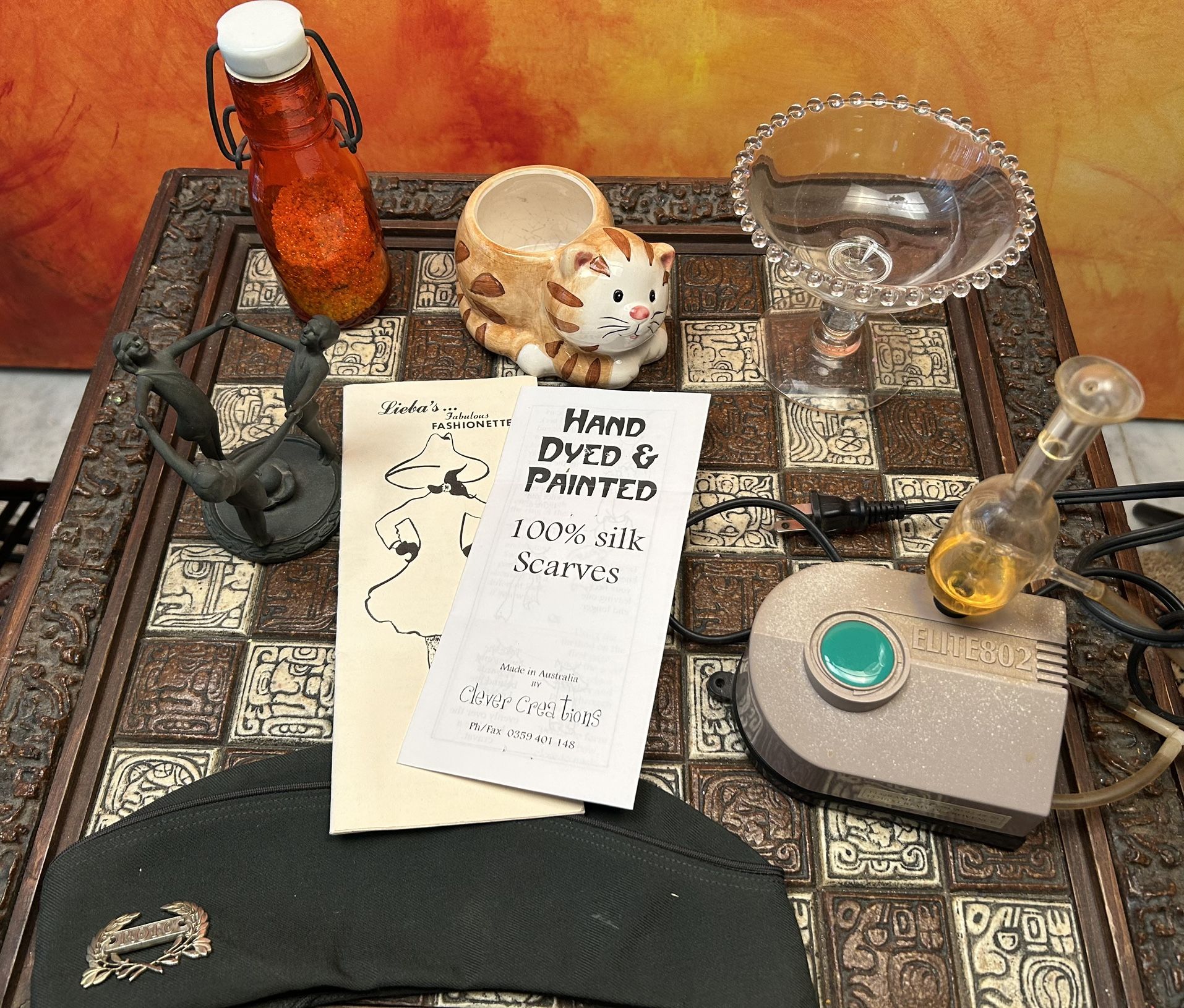 Lot For $10 Metal Figure In Circle Cat Planter Blown Glass Diffuser Vintage Pamphlet Orange Japan Bottle With Crafting Beads