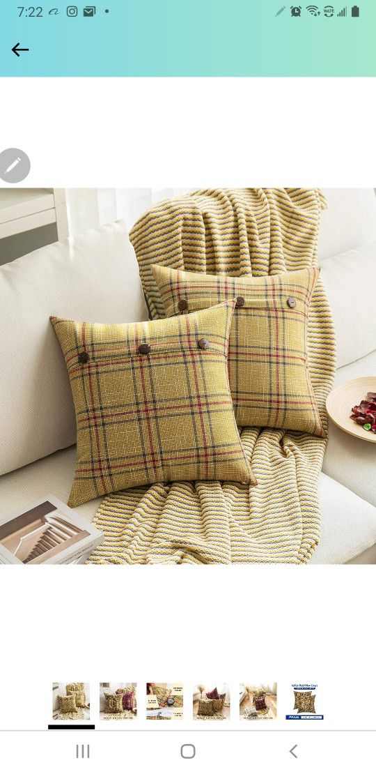 MIULEE Set of 2 Decorative Linen Throw Pillow Covers Fall Triple Button Pillowcases Farmhouse Retro Plaid Cushion Cases for Couch Sofa Bed, 18x18 Inch