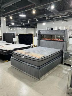 Black & Grey Fireplace Queen Bed W/ Bluetooth speaker & USB charging ports
