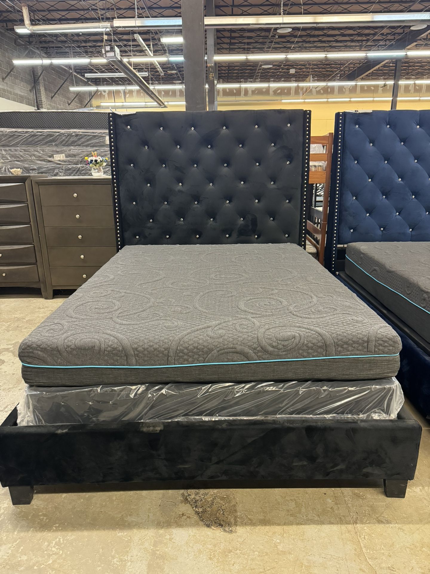 Beautifully Detailed Black Velvet Bed